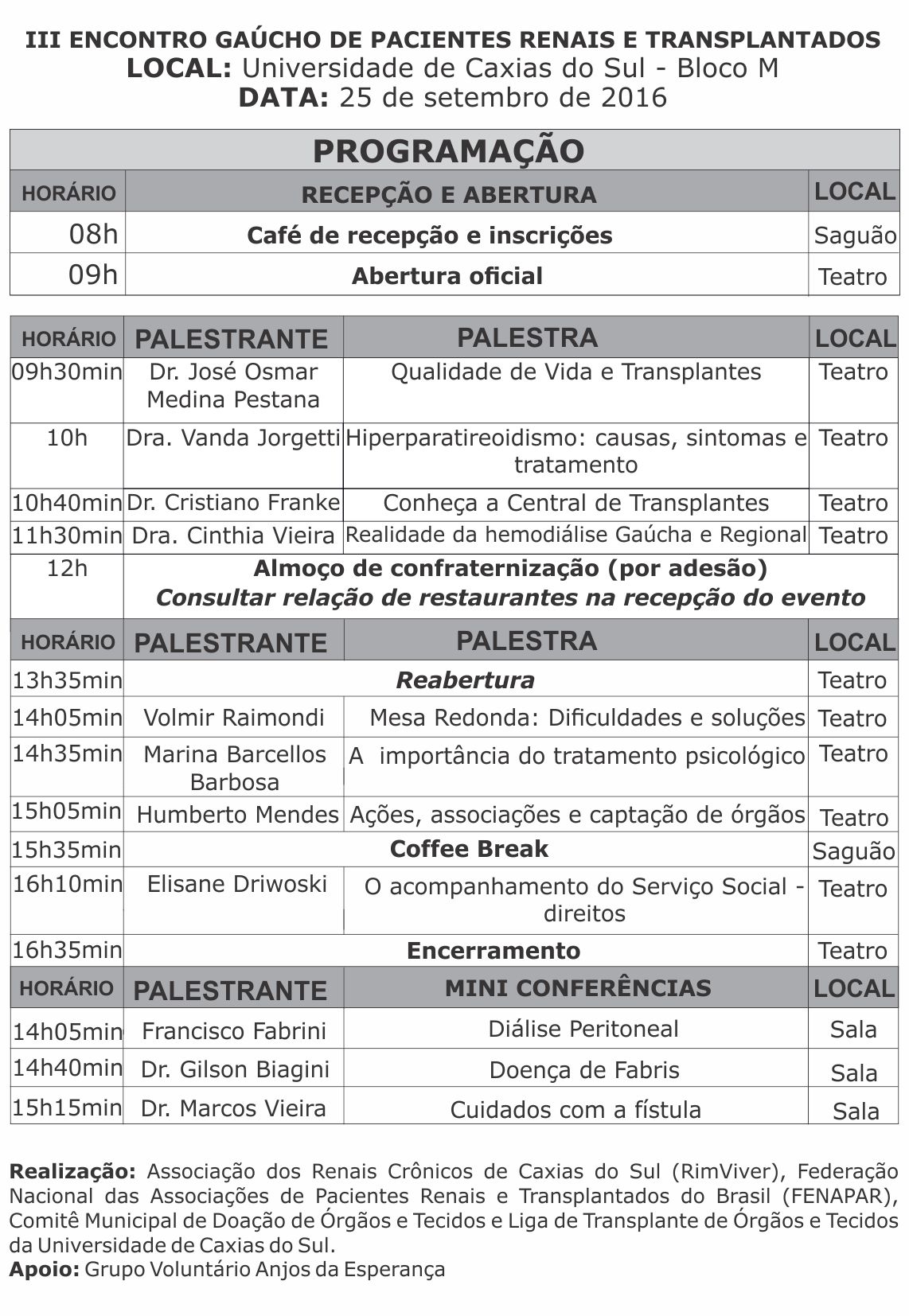 flyer doação de órgaos com tabela programação